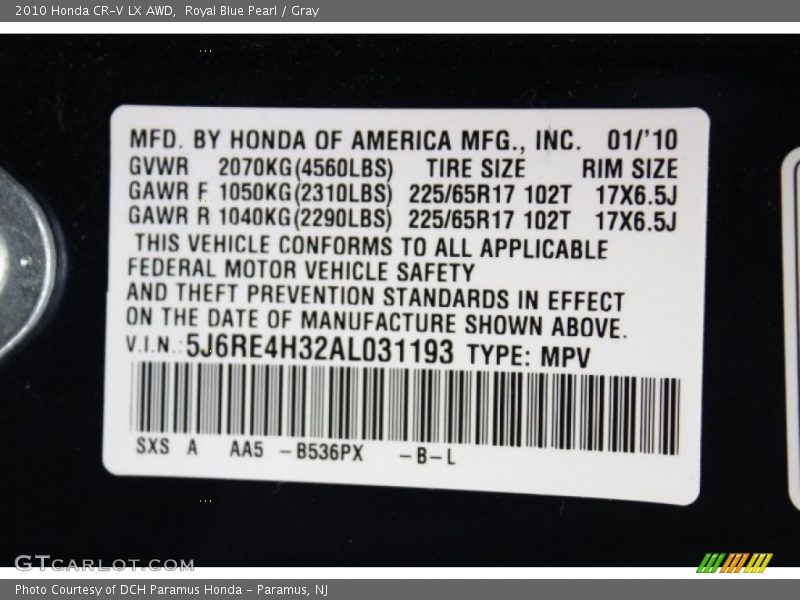 Royal Blue Pearl / Gray 2010 Honda CR-V LX AWD