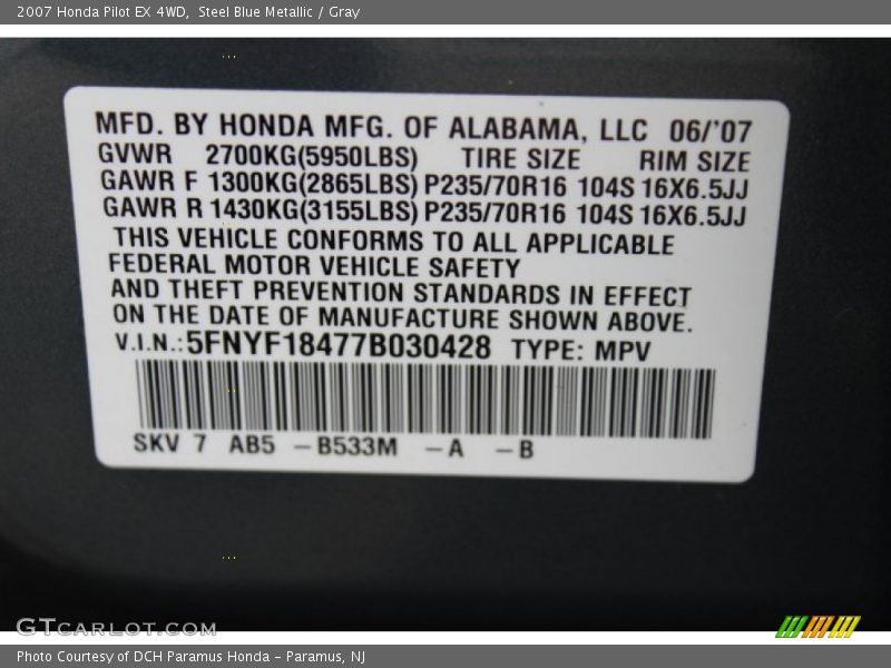 Steel Blue Metallic / Gray 2007 Honda Pilot EX 4WD