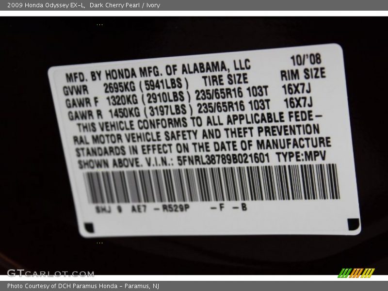 Dark Cherry Pearl / Ivory 2009 Honda Odyssey EX-L