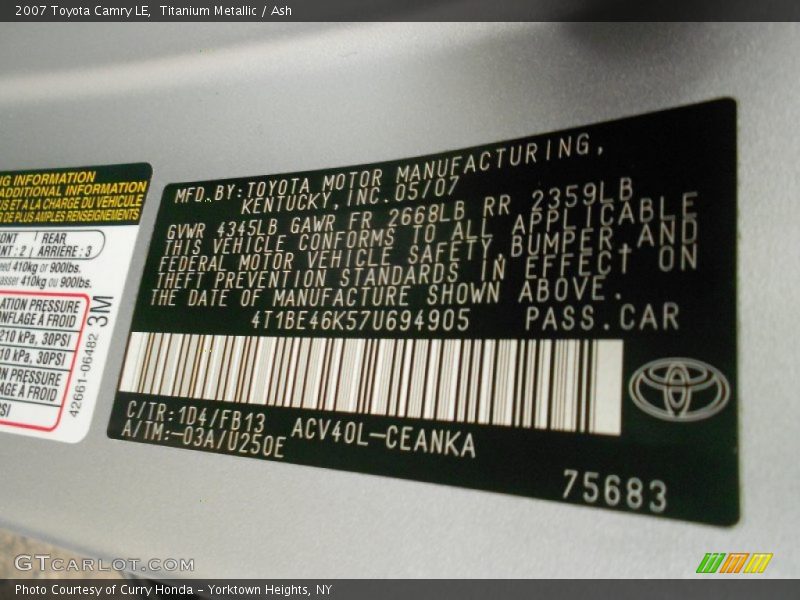 Titanium Metallic / Ash 2007 Toyota Camry LE