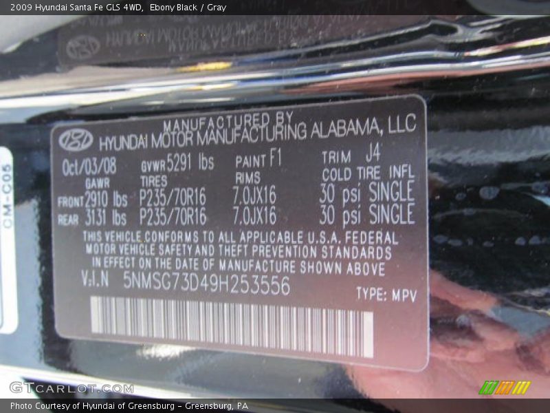 Ebony Black / Gray 2009 Hyundai Santa Fe GLS 4WD