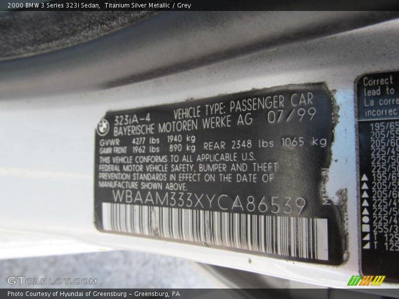 Info Tag of 2000 3 Series 323i Sedan