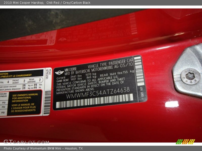 Chili Red / Grey/Carbon Black 2010 Mini Cooper Hardtop