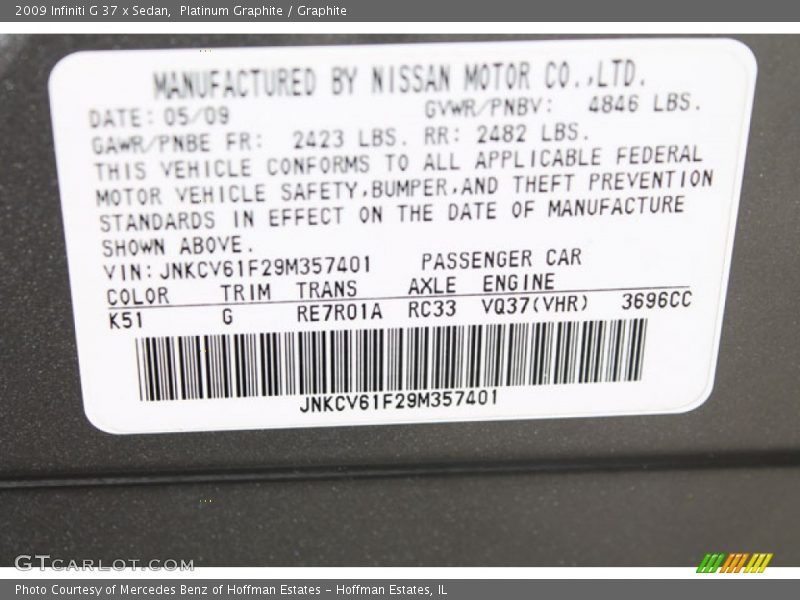 Platinum Graphite / Graphite 2009 Infiniti G 37 x Sedan