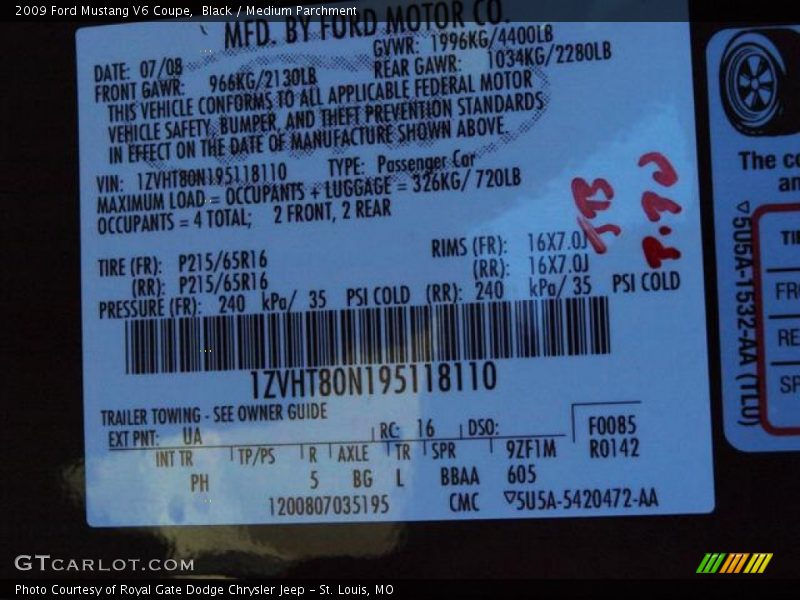Black / Medium Parchment 2009 Ford Mustang V6 Coupe
