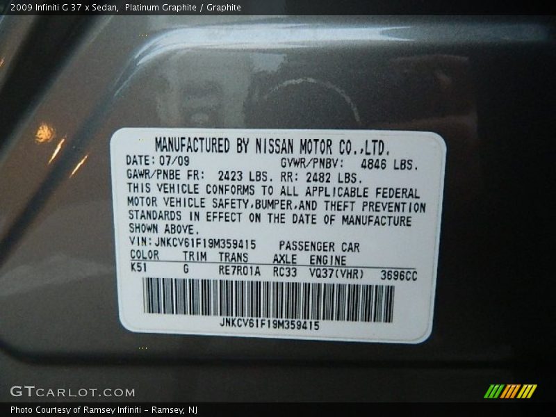 Platinum Graphite / Graphite 2009 Infiniti G 37 x Sedan