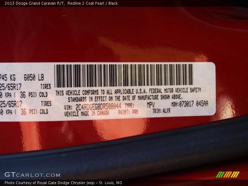 2013 Grand Caravan R/T Redline 2 Coat Pearl Color Code PRM
