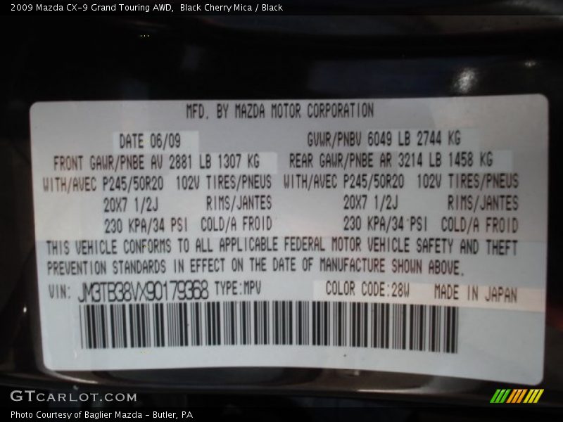 2009 CX-9 Grand Touring AWD Black Cherry Mica Color Code 28W