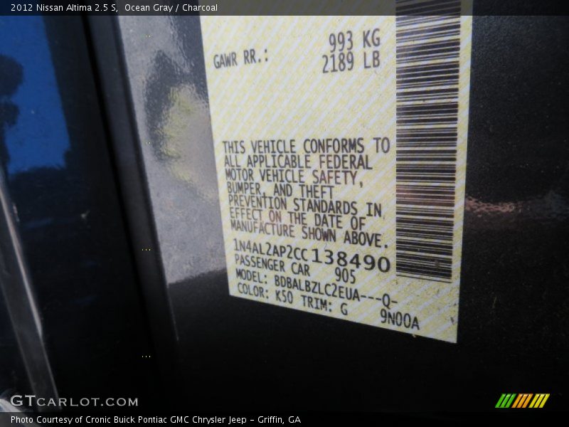 Ocean Gray / Charcoal 2012 Nissan Altima 2.5 S