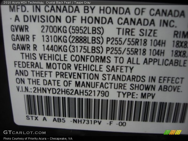 Crystal Black Pearl / Taupe Gray 2010 Acura MDX Technology