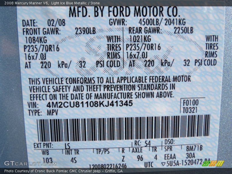 Light Ice Blue Metallic / Stone 2008 Mercury Mariner V6