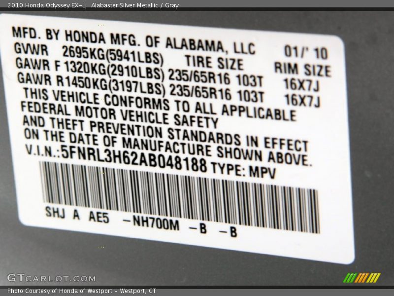 Alabaster Silver Metallic / Gray 2010 Honda Odyssey EX-L