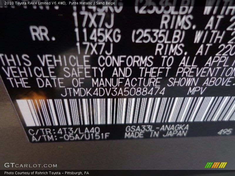 Pyrite Metallic / Sand Beige 2010 Toyota RAV4 Limited V6 4WD