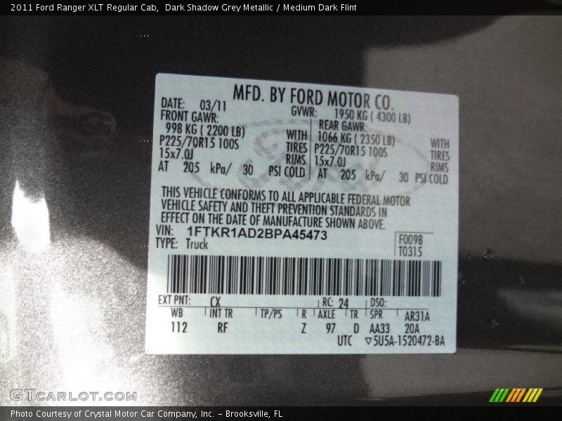 Dark Shadow Grey Metallic / Medium Dark Flint 2011 Ford Ranger XLT Regular Cab