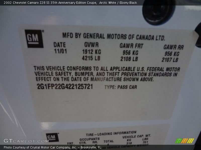 Arctic White / Ebony Black 2002 Chevrolet Camaro Z28 SS 35th Anniversary Edition Coupe