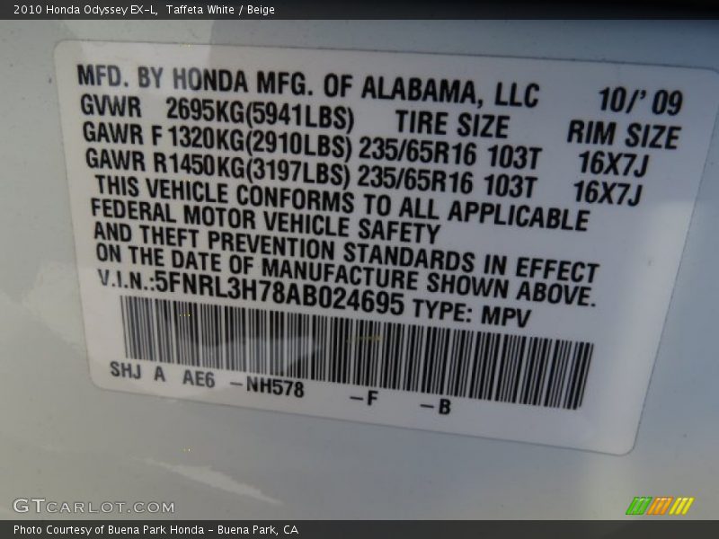 Taffeta White / Beige 2010 Honda Odyssey EX-L