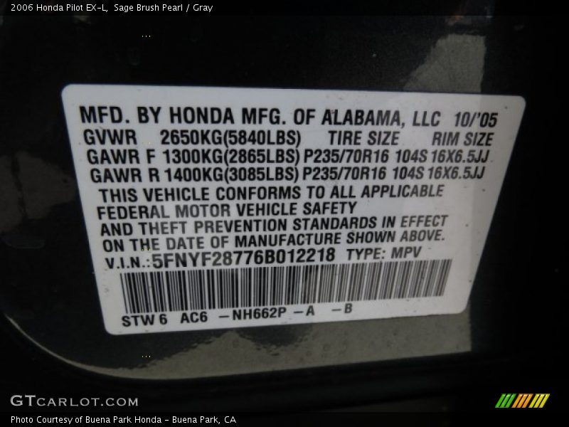 2006 Pilot EX-L Sage Brush Pearl Color Code NH662P