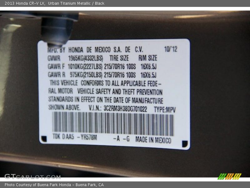 2013 CR-V LX Urban Titanium Metallic Color Code YR578M