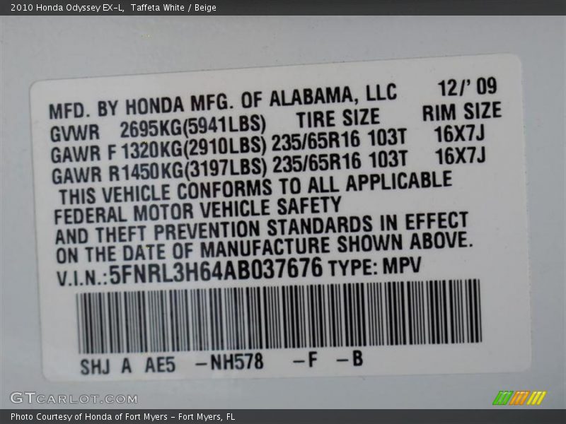 Taffeta White / Beige 2010 Honda Odyssey EX-L