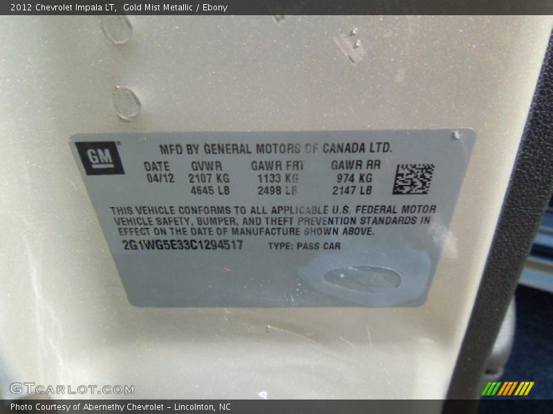Gold Mist Metallic / Ebony 2012 Chevrolet Impala LT