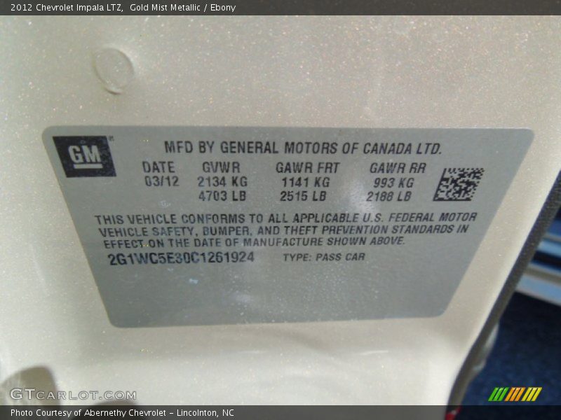 Gold Mist Metallic / Ebony 2012 Chevrolet Impala LTZ