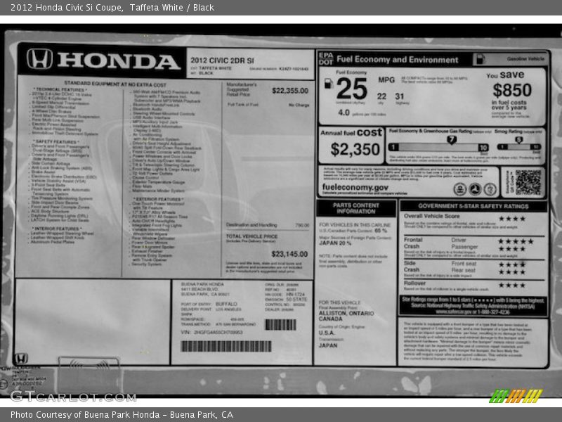 Taffeta White / Black 2012 Honda Civic Si Coupe