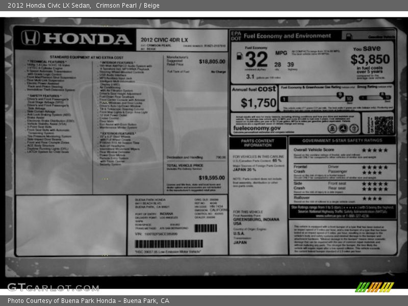Crimson Pearl / Beige 2012 Honda Civic LX Sedan