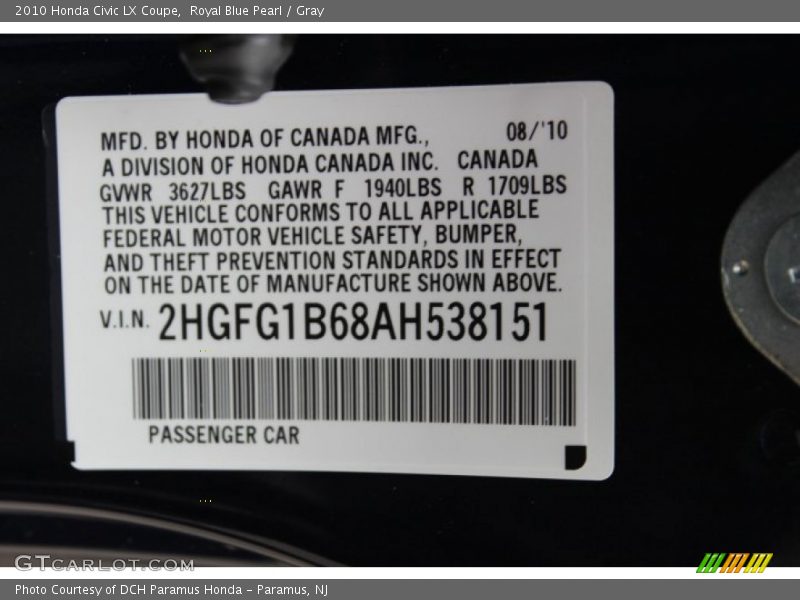 Royal Blue Pearl / Gray 2010 Honda Civic LX Coupe