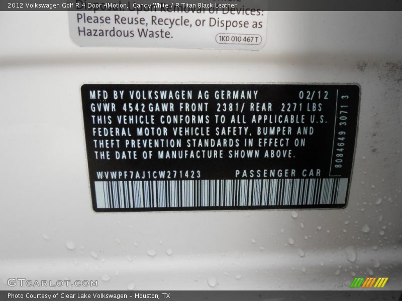 Candy White / R Titan Black Leather 2012 Volkswagen Golf R 4 Door 4Motion