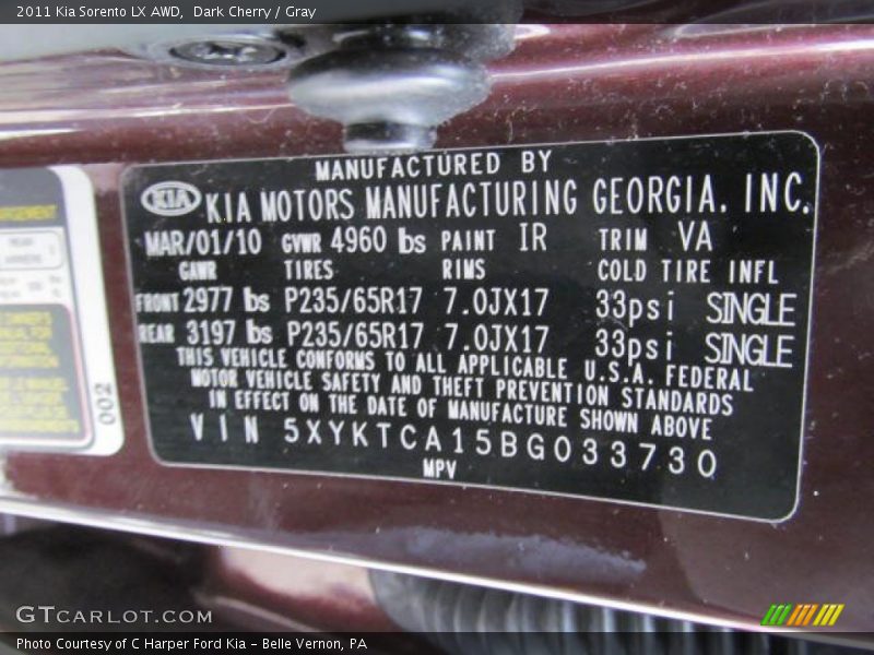 Dark Cherry / Gray 2011 Kia Sorento LX AWD