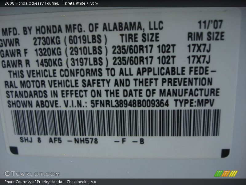 Taffeta White / Ivory 2008 Honda Odyssey Touring