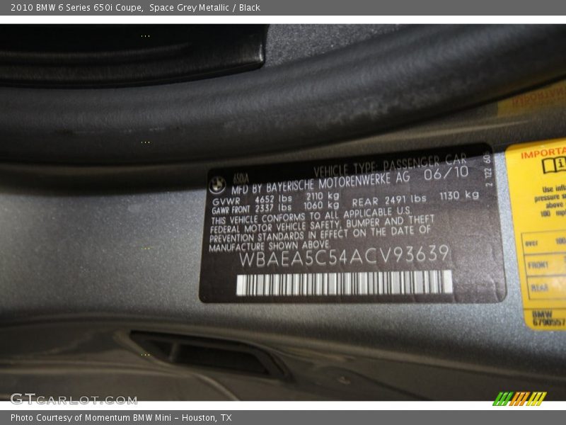 Space Grey Metallic / Black 2010 BMW 6 Series 650i Coupe