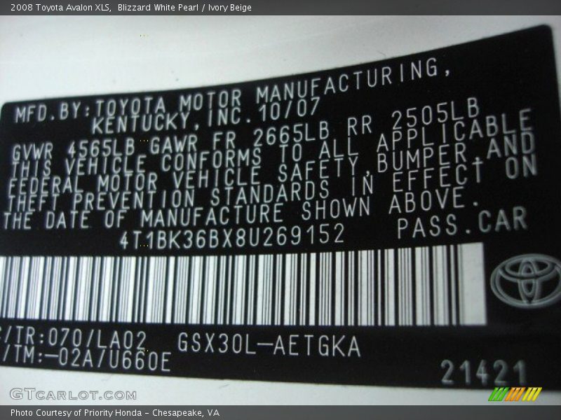Blizzard White Pearl / Ivory Beige 2008 Toyota Avalon XLS