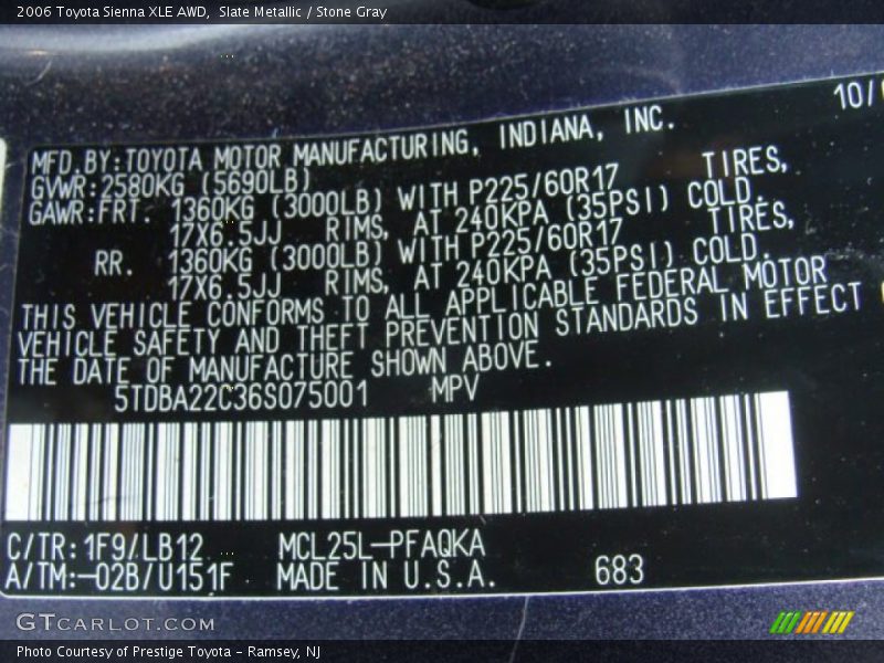 2006 Sienna XLE AWD Slate Metallic Color Code 1F9