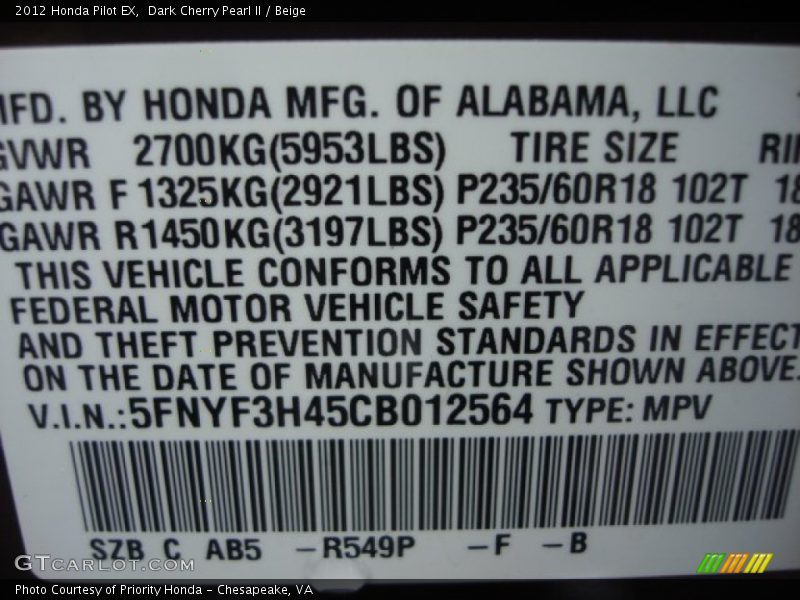 Dark Cherry Pearl II / Beige 2012 Honda Pilot EX
