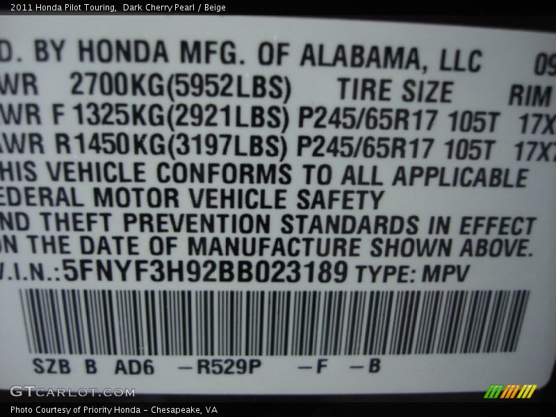 Dark Cherry Pearl / Beige 2011 Honda Pilot Touring