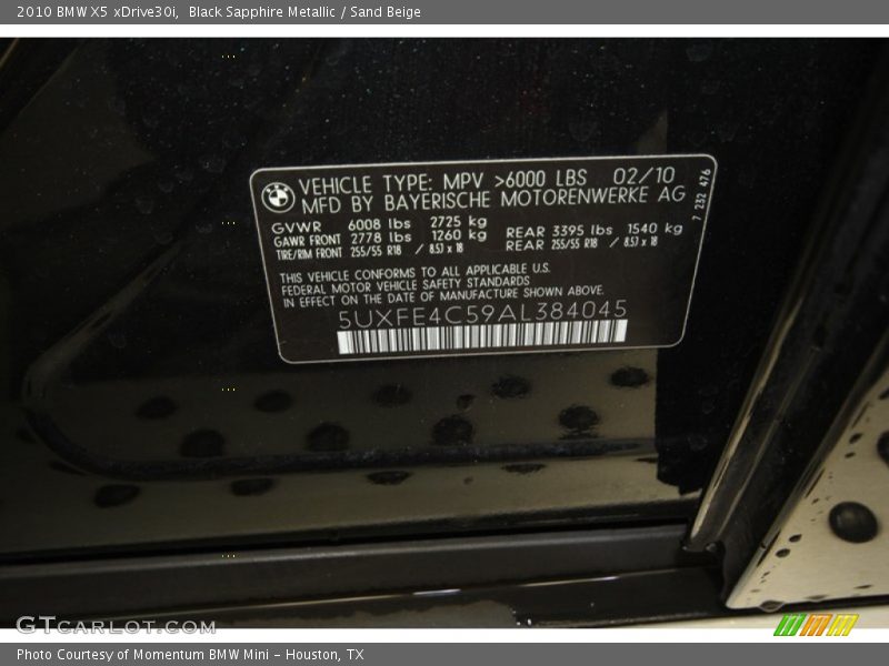 Black Sapphire Metallic / Sand Beige 2010 BMW X5 xDrive30i