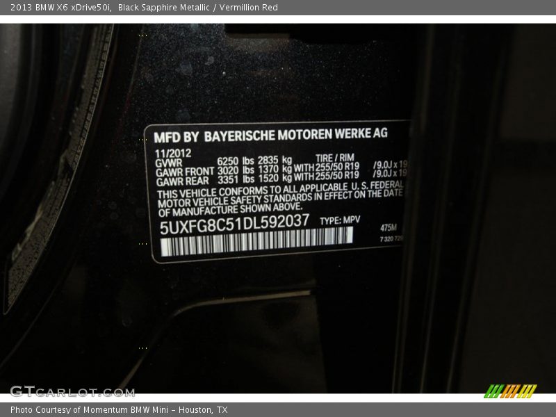 Black Sapphire Metallic / Vermillion Red 2013 BMW X6 xDrive50i