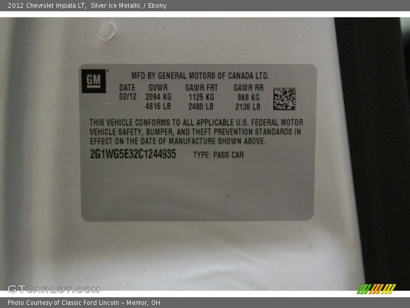 Silver Ice Metallic / Ebony 2012 Chevrolet Impala LT