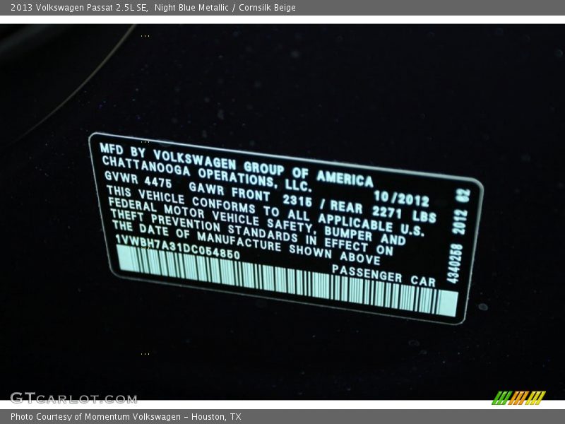 Night Blue Metallic / Cornsilk Beige 2013 Volkswagen Passat 2.5L SE