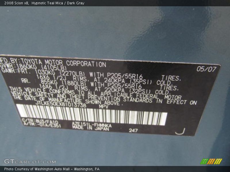 Hypnotic Teal Mica / Dark Gray 2008 Scion xB
