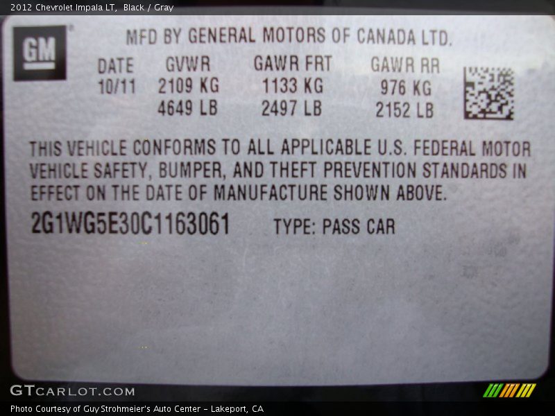 Black / Gray 2012 Chevrolet Impala LT