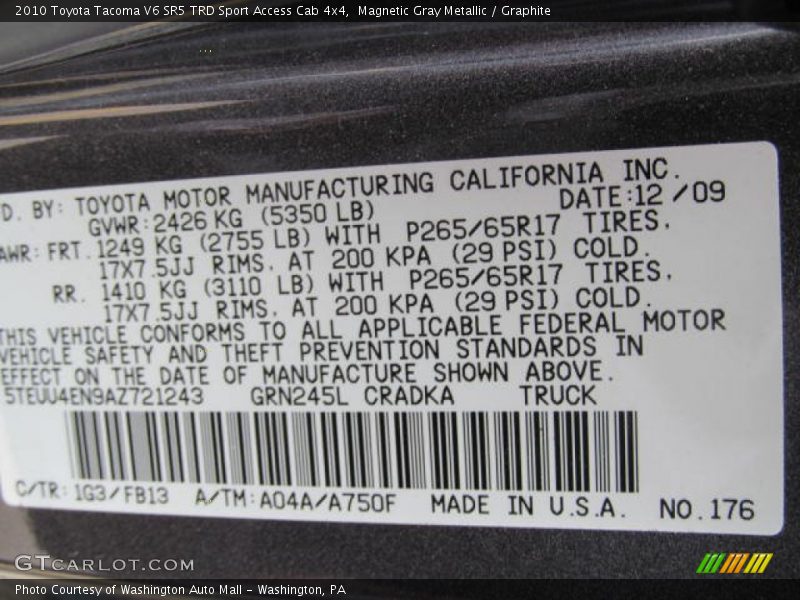 Magnetic Gray Metallic / Graphite 2010 Toyota Tacoma V6 SR5 TRD Sport Access Cab 4x4