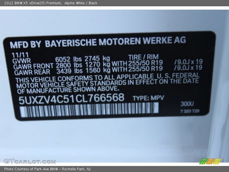 2012 X5 xDrive35i Premium Alpine White Color Code 300