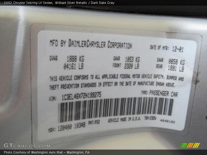 2002 Sebring LX Sedan Brilliant Silver Metallic Color Code PS2