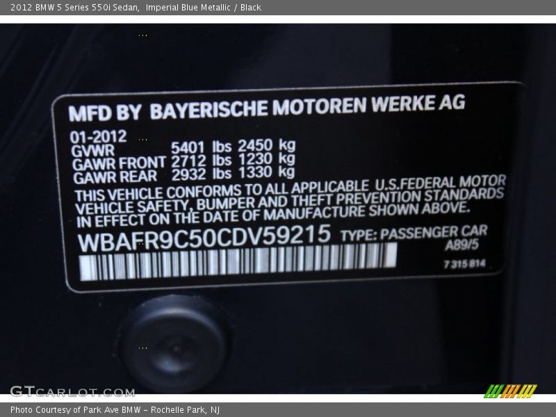 Imperial Blue Metallic / Black 2012 BMW 5 Series 550i Sedan