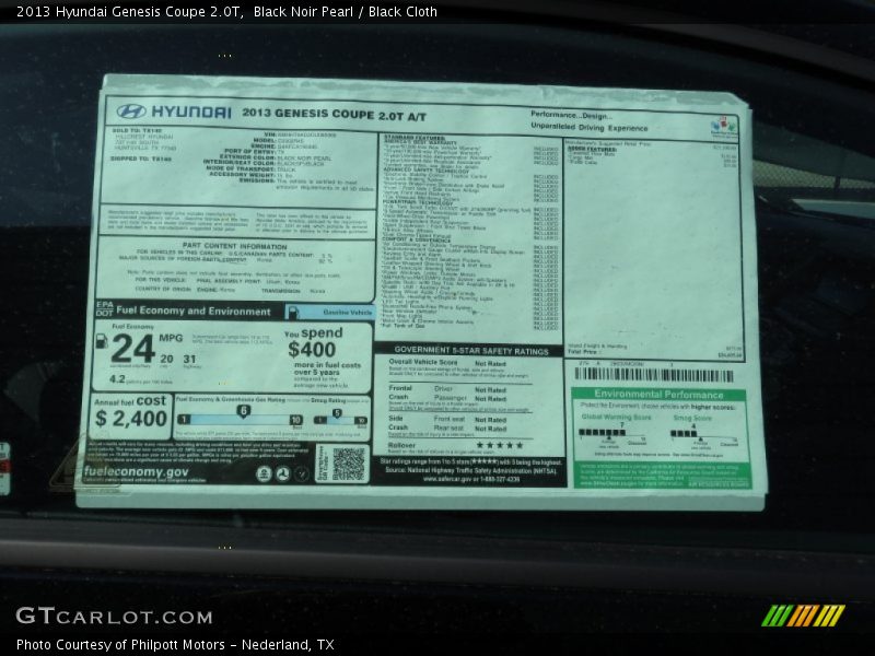 2013 Genesis Coupe 2.0T Window Sticker