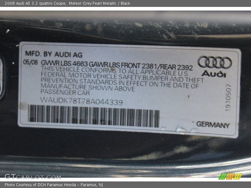 Meteor Grey Pearl Metallic / Black 2008 Audi A5 3.2 quattro Coupe