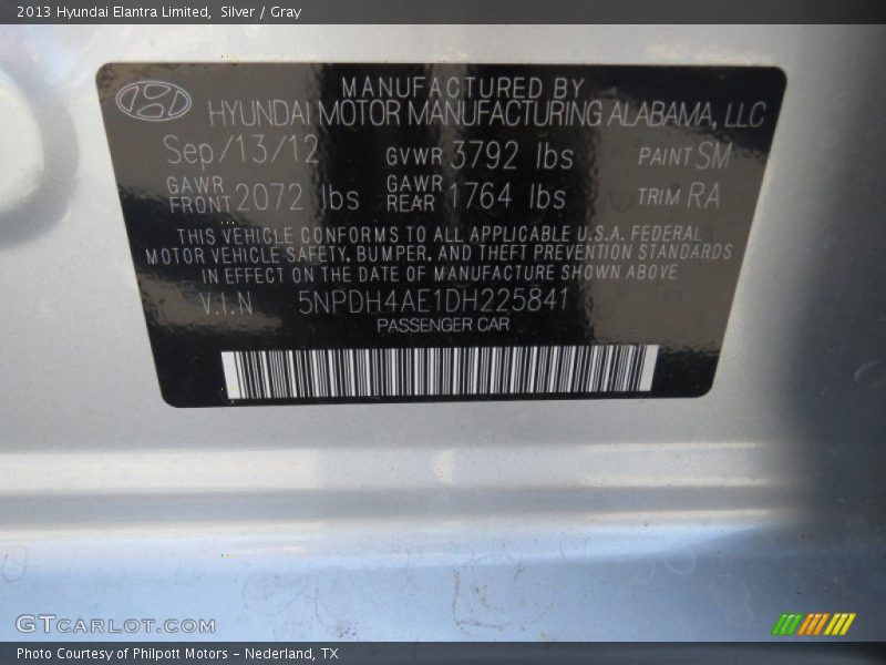 Silver / Gray 2013 Hyundai Elantra Limited