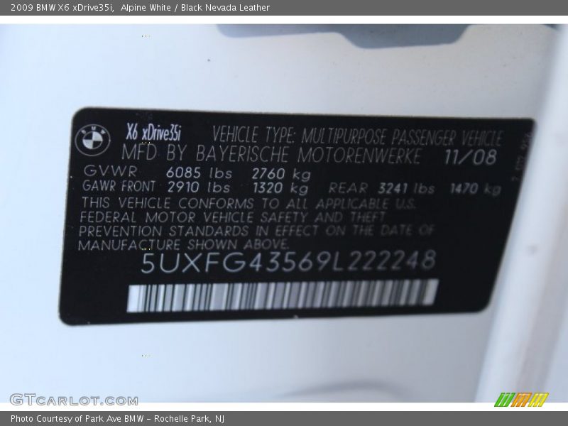 Alpine White / Black Nevada Leather 2009 BMW X6 xDrive35i